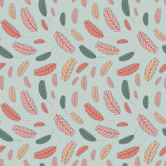 Bird feathers seamless pattern. Easter pattern with chicken feathers. Vector flat illustration. Design for textiles, packaging, wrappers, greeting cards, paper, printing.