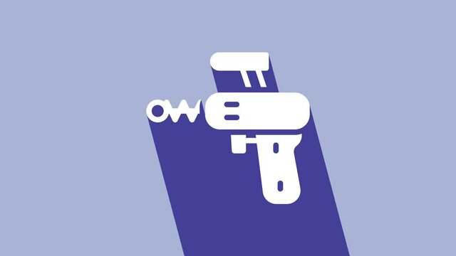 White Ray gun icon isolated on purple background. Laser weapon. Space blaster. 4K Video motion graphic animation