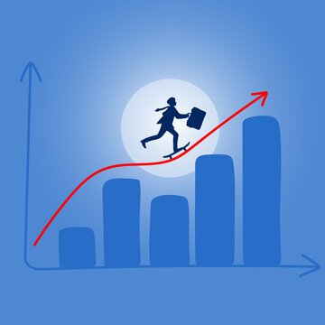 Businessman Riding Skateboard On Red Financial Graph In The Background Of Blue Gradient Shade Illustration Vector.