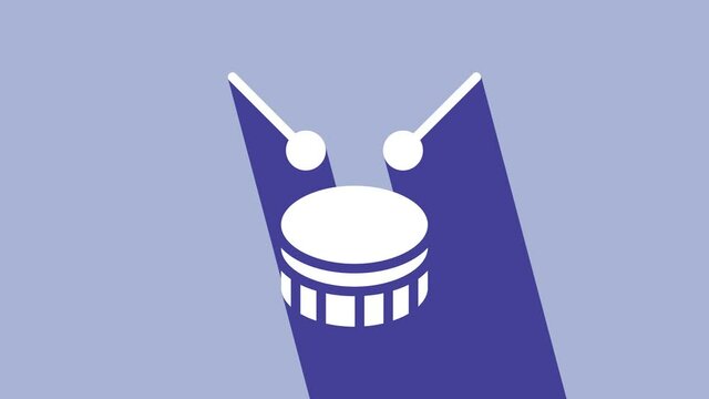White Drum with drum sticks icon isolated on purple background. Music sign. Musical instrument symbol. 4K Video motion graphic animation