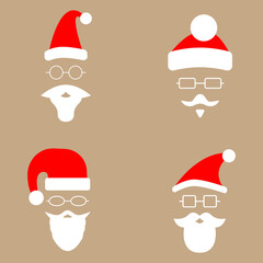 Santa hat, beard and mustache vector icon. Hat mustache and beard of Santa Claus isolated on Brown background. Vector set of mustache hat and beards of Santa Claus. Icons isolated.