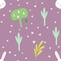 Easter seamless pattern with cute bunnies and trees