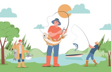 Fishing sport vector flat illustration. Three male characters catching fish in the lake. Summer leisure activity, travelling, fishing. Men in outdoor clothes spending weekend in the forest near lake.