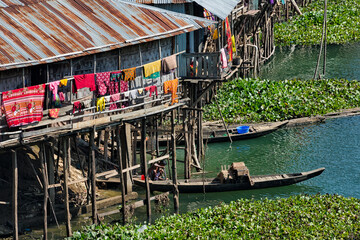 Stilt houses on Kaptai Lake, Rangamati, Chittagong Division, Bangladesh