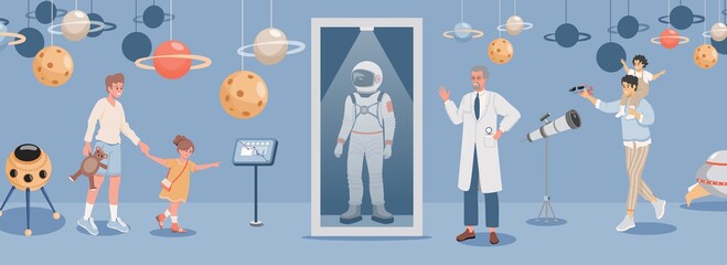 Happy children with parents at excursion in space museum or planetarium vector flat illustration. Tour guide or scientist talks about space exploration. Spacesuit, telescope, planets, and satellites. - obrazy, fototapety, plakaty