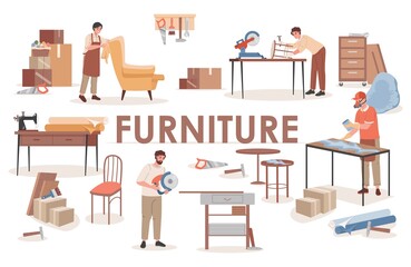 Furniture word banner design with text space. Group of carpenters at wooden workshop making furniture vector flat illustration. Repair or construction furniture service poster concept.