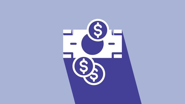 White Stacks paper money cash and coin money with dollar symbol icon isolated on purple background. Money banknotes stacks. 4K Video motion graphic animation