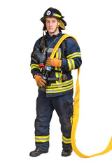 Full body young brave man in uniform and hardhat of firefighter holds firehose nozzle in hands and looking at camera isolated on white background