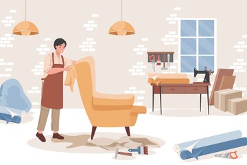 Carpenter at furniture workshop making comfortable armchair vector flat illustration. Man in apron assembles armchair. Furniture workshop interior design with tools and fabric for fitting furniture.