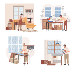 Set of foremen making furniture vector flat illustration. Group of carpenters assembles armchair, filling wooden table with acrylic, sawing wooden plank for making wooden furniture.