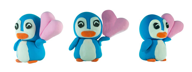 smile Cute plasticine  penguin with pink heart concept love or valentine