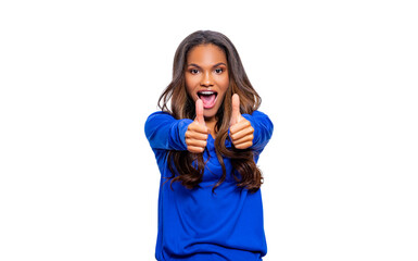 Fototapeta na wymiar Portrait of an excited black woman showing ok sign. isolated. beautiful african american girl hands up and two thumbs up cool 