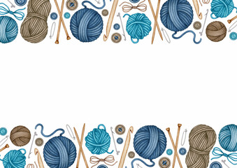 Watercolor Knitting and Crocheting tools frame. Wooden Knitting needles, Crochet Hook, Yarn Skeins, Wool Balls, Buttons. Hand drawn background, border for needlework blog, hobby shop, handmade store