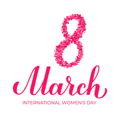 March 8 calligraphy lettering isolated on white. International Womens Day typography poster. Vector template for greeting card, banner, flyer, sticker, invitation, etc