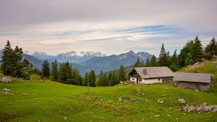 Kohler Alm mountain hut near Inzell, with Sonntagshorn at Chiemgau alps