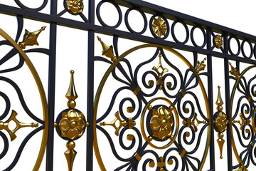 Wrought iron railing. Forging metal. Balcony. Terrace. 3D render for project. Architecture. Isolated. Gold decor. Iron fences. Module. White background. Gold and black metal. Luxury blacksmithing.