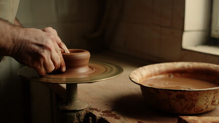 Man sculpting in pottery on master class. Master working with clay in workshop