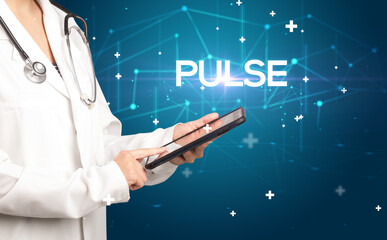 Doctor fills out medical record with PULSE inscription, medical concept