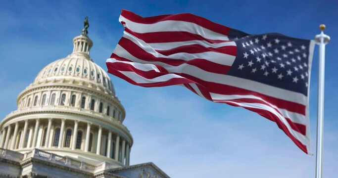 American flag waving with the US Capitol Hill in the background