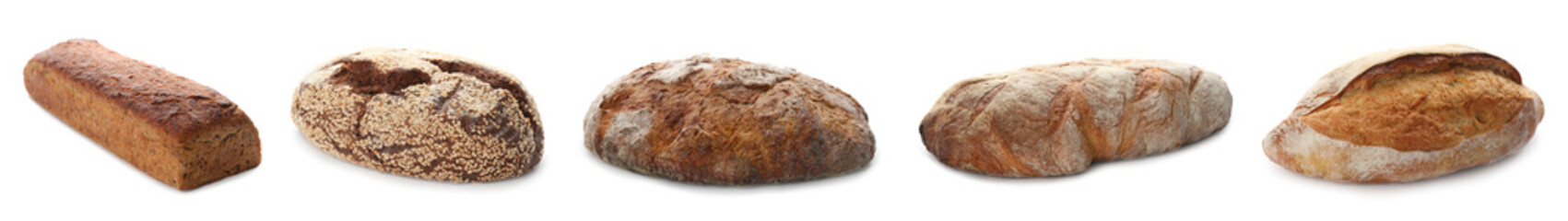 Set with different fresh tasty bread on white background, banner design