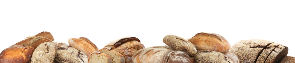 Set with different fresh tasty bread on white background, banner design