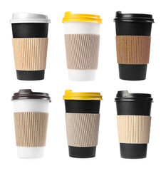 Set with different paper coffee cups on white background