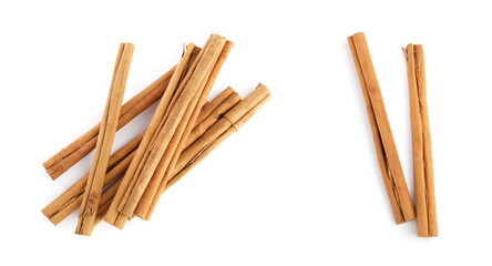 Aromatic cinnamon sticks on white background, top view. Banner design