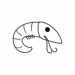 Shrimp in the style of hand drawing. A shrimp drawn with a contour line. Coloring book for kids. Ingredients for pizza and salad. Delicious sea food.