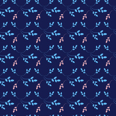 Vector pattern of blue and pink leaves on a dark blue background/ leaf Wallpaper, nature leaves pattern design, leaf line arts, Hand drawn outline design for fabric , print, cover Vector illustration