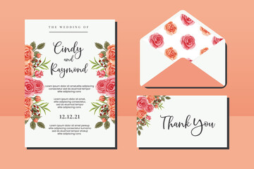Wedding invitation frame set, floral watercolor hand drawn Pink Rose Flower design Invitation Card Template