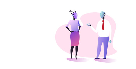 male female robotic business couple discussing during meeting artificial intelligence technology concept two robots standing together full length horizontal vector illustration