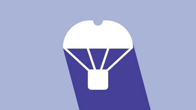 White Box flying on parachute icon isolated on purple background. Parcel with parachute for shipping. Delivery service, air shipping. 4K Video motion graphic animation