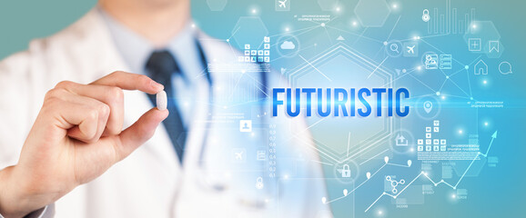Doctor giving a pill with FUTURISTIC inscription, new technology solution concept