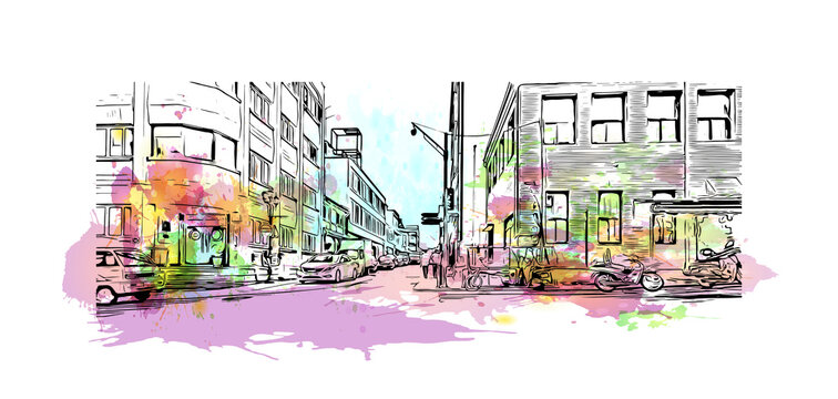 Building view with landmark of Incheon , Chinatown is Korea's only official Chinatown. Watercolour splash with hand drawn sketch illustration in vector.