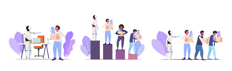 set robot kicked human away from work modern robotic character replacing businesspeople artificial intelligence domination concepts collection horizontal full length vector illustration