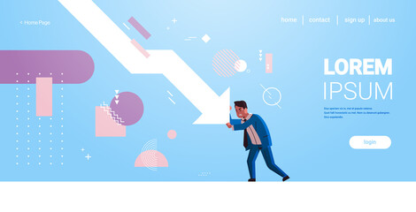 stressed businessman stopping economic arrow falling down financial crisis bankrupt investment risk concept full length horizontal copy space vector illustration