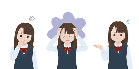 学生　女子生徒　美少女　困る　悩み　不安　表情　ポーズ　上半身　イラスト素材