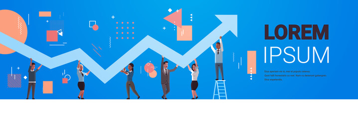 businesspeople holding upward financial arrow up teamwork successful business development growth concept mix race employees correcting direction of graphic horizontal full length copy space vector