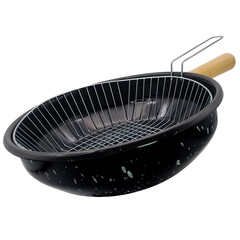 Enamelled fryer pan with strainer basket for french fries potatoes, fish and chips, donuts, pork, steak, Chicken, Bacon Wrapped, Cannoli. Crispy food