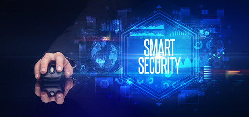hand holding wireless peripheral with SMART SECURITY inscription, cyber security concept