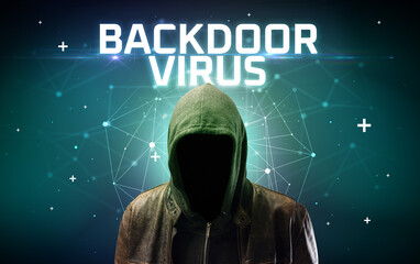 Mysterious hacker with BACKDOOR VIRUS inscription, online attack concept inscription, online security concept