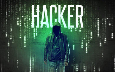 Faceless hacker with HACKER inscription, hacking concept