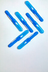 Blue with white interdental brushes. Oral hygiene. Brush your teeth thoroughly. Interdental-Sticks. Copy space