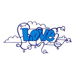 LOVE-blue hand drawn lettering. Valentine background with clouds and heart isolated on white background. hand drawn vector. doodle valentine for wallpaper, cover, banner, poster, greeting card. 
