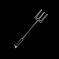 rake vector illustration isolated on black background. white outline, hand drawn vector. pitchfork icon. gardening tool. farming symbol. doodle for kids, logo, sticker, clipart, banner, poster.