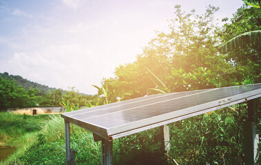 Solar cell in solar farm with  sunlighting reflect, Alternative energy and sustainable energy, photovoltaic, Pure energy Concept.