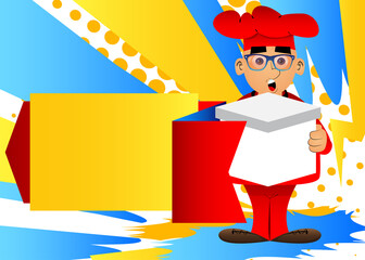 Fat male cartoon chef in uniform holding big white box. Vector illustration.