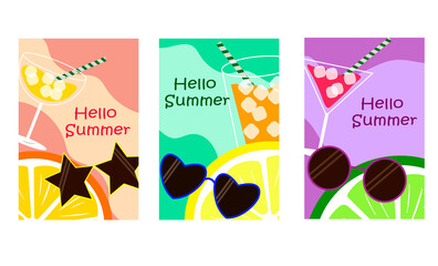 Set of cards with fresh summer citrus fruits. Lemon, lime and orange - colorful, creative and abstract colored background.Vector illustration templates for design of cards, invitations, gifts