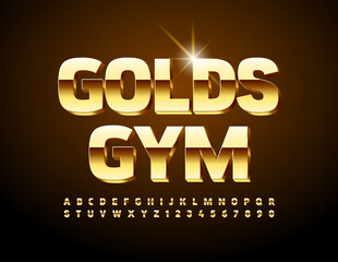 Vector business logo Golds Gym. Premium shiny Font. Modern elite Alphabet Letters and Numbers set