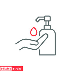 Hand sanitizer icon, line style. Washing hand with sanitizer liquid soap. Vector illustration. Design on white background. Editable stroke EPS 10